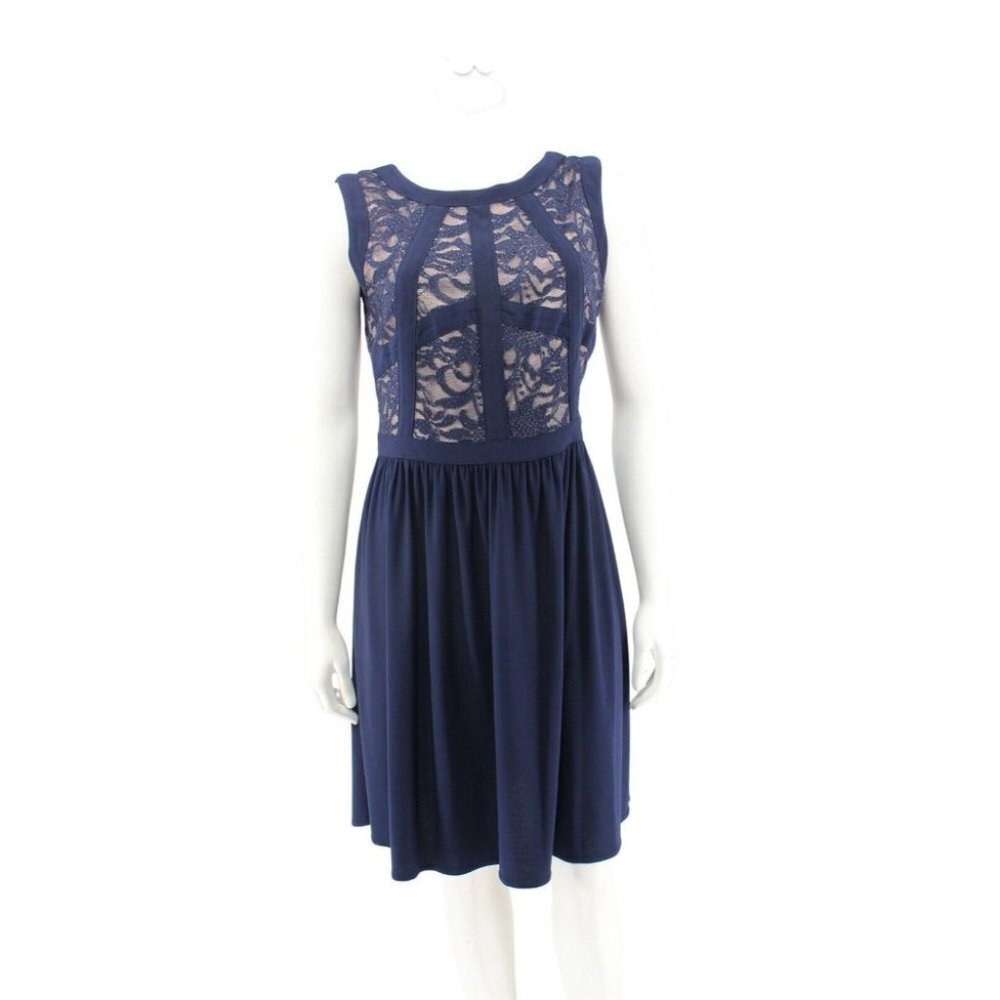 R&M RICHARDS Blue Knit Floral Lace Beaded Sleeveless Party Dress Size 8
